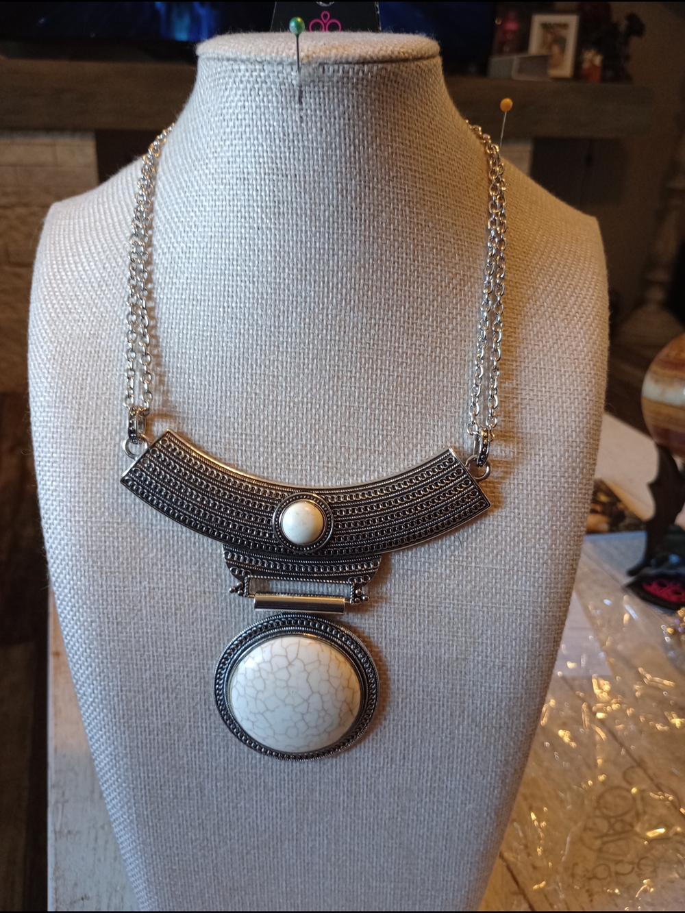paparazzi Silver-Tone Statement Necklace with White Crackle Stones